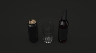 Uzun kahverengi bira şişesi boş siyah etikel, siyah alüminyum can ile 0,5 l ve siyah arka plan üzerine boş bir bardak kadar alay. Tasarım veya marka şablonu. 3D render illüstrasyon