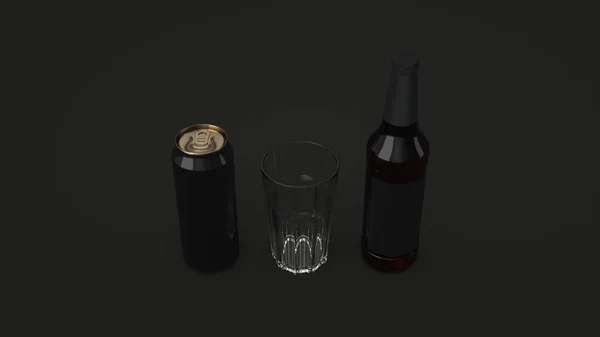 模拟高大的棕色啤酒瓶 与空白黑色的标签 黑色铝罐和一个空的玻璃在黑色的背景 设计或品牌模板 渲染插图 — 图库照片