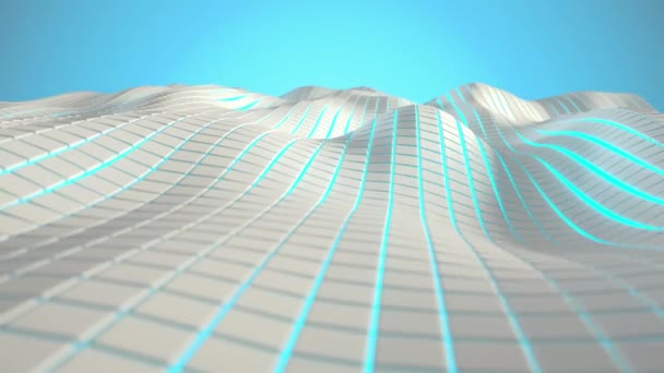波浪状的表面由白色立方体制成 背景为蓝色发光 抽象几何动画环 — 图库视频影像
