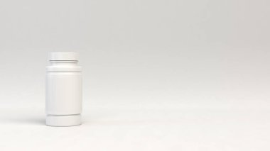 Gerçekçi boş beyaz plastik şişe beyaz arka plan üzerinde hapları için. Tıbbi ambalaj. Uyuşturucu şişe mockup. 3D render illüstrasyon