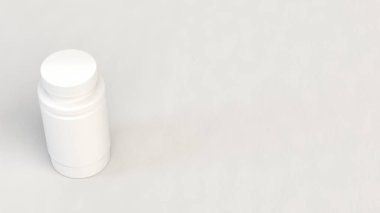 Gerçekçi boş beyaz plastik şişe beyaz arka plan üzerinde hapları için. Tıbbi ambalaj. Uyuşturucu şişe mockup. 3D render illüstrasyon