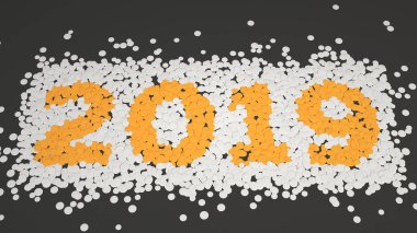 siyah arka plan üzerine beyaz ve turuncu konfeti imal 2019 numarası. 2019 yeni yıl işareti. 3D render illüstrasyon