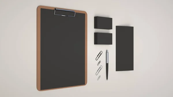 Klembord Met Zwart Vel Papier Visitekaartjes Driebladige Brochure Paperclips Automatische — Stockfoto
