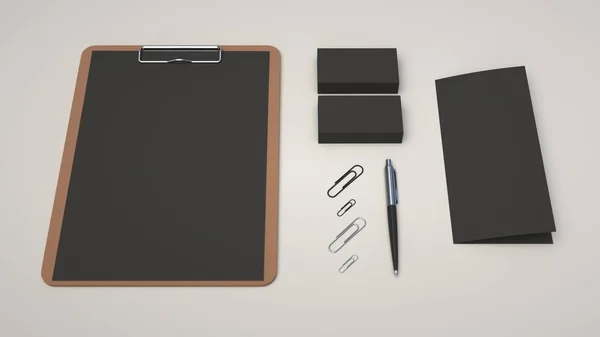 Clipboard with black sheet of paper, business cards, trifold leaflet, paper clips and automatic ballpoint pen on white background. Branding mockup. 3D rendering illustration.