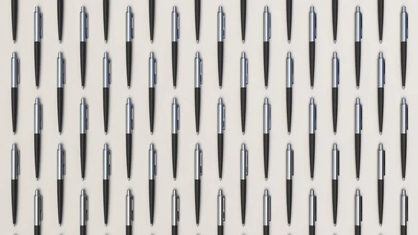 Pattern from black automatic ballpoint pens on white background. Abstract stationery background. 3D rendering illustration.