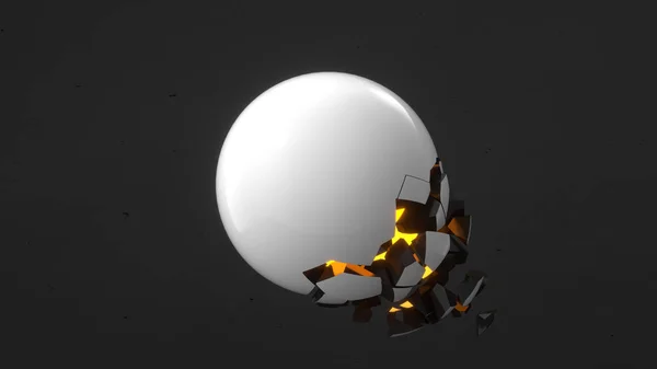 内側のオレンジ色の輝きと黒の背景に落ちる部分と白い球を骨折 破壊の概念 抽象的な レンダリング図 — ストック写真