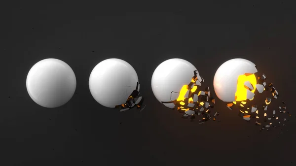 Fractured White Sphere Orange Glow Falling Pieces Black Background Concept — Stock Photo, Image