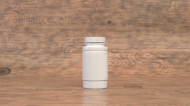 Gerçekçi boş beyaz plastik şişe ahşap arka plan hapları için. Tıbbi ambalaj. Uyuşturucu şişe mockup. 3D render illüstrasyon