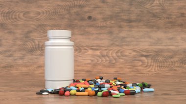 Gerçekçi boş beyaz plastik şişe ve ahşap arka plan haplarla yığını. Tıbbi ambalaj. Uyuşturucu şişe mockup. 3D render illüstrasyon