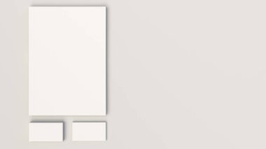 Bir beyaz kağıt yaprağına ve iki iş beyaz arka plan üzerinde yalan kart yığını. Mockup marka. 3D render illüstrasyon.