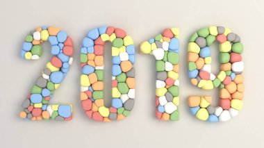 Beyaz arka plan üzerinde renkli balonları yapılan 2019 numarası. 2019 yeni yıl işareti. 3D render illüstrasyon