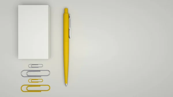 白色名片 回形针和黄色自动圆珠笔隔离在白色背景上 空白纸张模型 渲染插图 — 图库照片