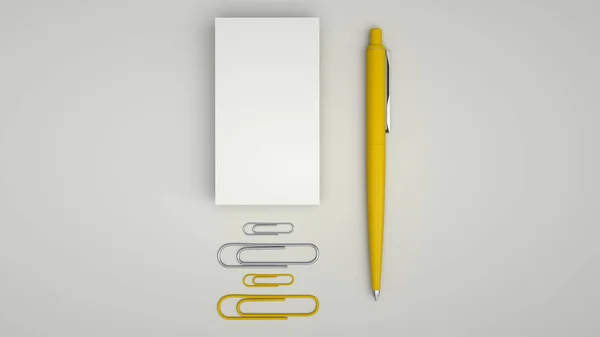 White Business Cards Paper Clips Yellow Automatic Ballpoint Pen Isolated — Stock Photo, Image