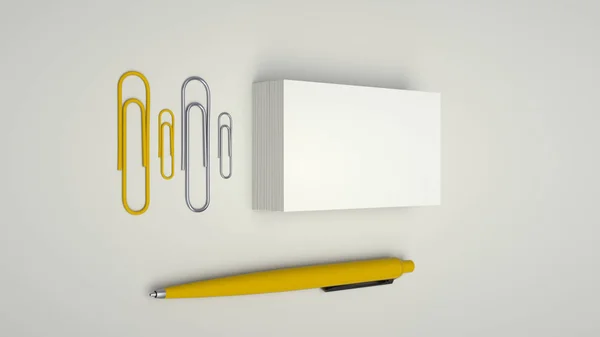 White business cards, paper clips and yellow automatic ballpoint pen isolated on white background. Blank paper mockup. 3D rendering illustration.