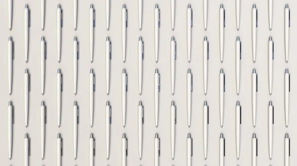 Pattern from white automatic ballpoint pens on white background. Abstract stationery background. 3D rendering illustration.