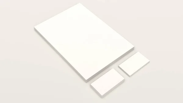 Лист Белой Бумаги Две Стопки Визитных Карточек Лежащих Белом Фоне — стоковое фото