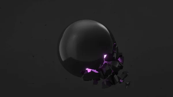 内紫に輝きと黒の背景上の落下部分の骨折の黒い球 破壊の概念 抽象的な レンダリング図 — ストック写真