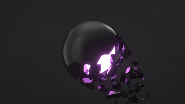 内紫に輝きと黒の背景上の落下部分の骨折の黒い球 破壊の概念 抽象的な レンダリング図 — ストック写真