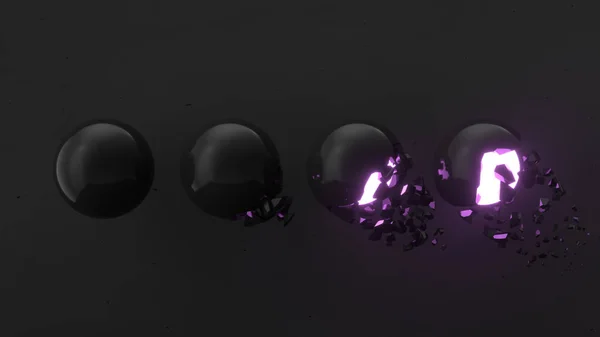 Фрагментована Чорна Сфера Фіолетовим Сяйвом Всередині Падаючими Шматочками Чорному Тлі — стокове фото