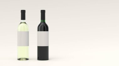 Mockup iki şişe kırmızı ve beyaz şarap beyaz arka plan üzerinde duran boş etiketleri için. Tasarım veya marka şablonu. 3D render illüstrasyon