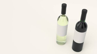 Mockup iki şişe kırmızı ve beyaz şarap beyaz arka plan üzerinde duran boş etiketleri için. Tasarım veya marka şablonu. 3D render illüstrasyon