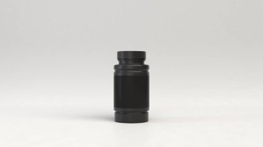 Gerçekçi boş siyah plastik şişe beyaz arka plan üzerinde hapları için. Tıbbi ambalaj. Uyuşturucu şişe mockup. 3D render illüstrasyon
