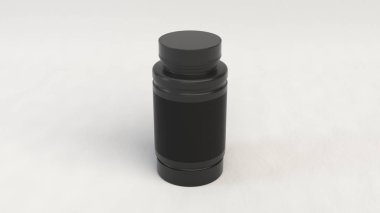Gerçekçi boş siyah plastik şişe beyaz arka plan üzerinde hapları için. Tıbbi ambalaj. Uyuşturucu şişe mockup. 3D render illüstrasyon