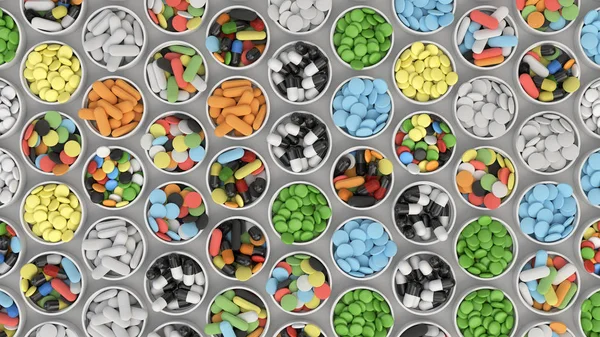 Different Colorful Drug Pills White Lids Medicine Bottles Black Background — Stock Photo, Image