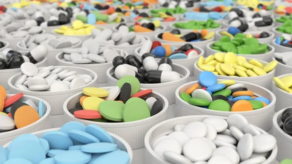 Diferentes Pílulas Drogas Coloridas Tampas Brancas Garrafas Medicamentos Fundo Preto — Fotografia de Stock