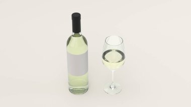 Mockup boş etiket ve cam ayakta beyaz arka plan üzerinde beyaz şarap için. Tasarım veya marka şablonu. 3D render illüstrasyon