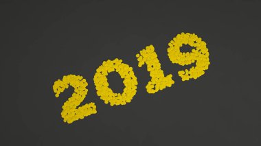 siyah zemin üzerine sarı konfeti imal 2019 numarası. 2019 yeni yıl işareti. 3D render illüstrasyon