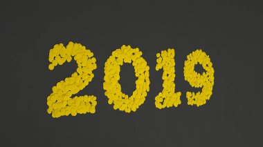 siyah zemin üzerine sarı konfeti imal 2019 numarası. 2019 yeni yıl işareti. 3D render illüstrasyon