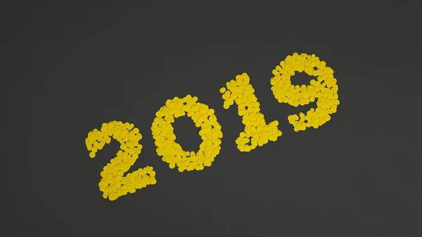 Número 2019 Confeti Amarillo Sobre Fondo Negro Signo Año Nuevo — Foto de Stock