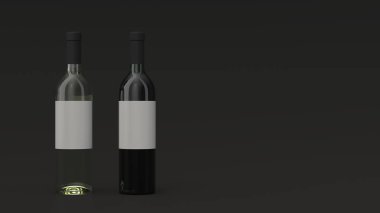 Mockup iki şişe kırmızı ve beyaz şarap siyah arka plan üzerinde duran boş etiketleri için. Tasarım veya marka şablonu. 3D render illüstrasyon