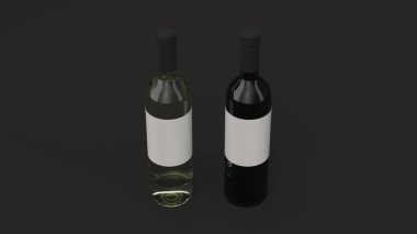 Mockup iki şişe kırmızı ve beyaz şarap siyah arka plan üzerinde duran boş etiketleri için. Tasarım veya marka şablonu. 3D render illüstrasyon