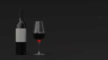Mockup boş etiket ve siyah arka plan üzerinde cam duran kırmızı şarap için. Tasarım veya marka şablonu. 3D render illüstrasyon