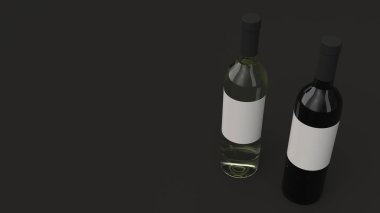 Mockup iki şişe kırmızı ve beyaz şarap siyah arka plan üzerinde duran boş etiketleri için. Tasarım veya marka şablonu. 3D render illüstrasyon