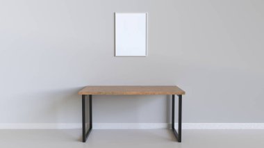 Boş beyaz dikey poster tablosunun yukarısındaki duvara asılı çerçeve içinde. Resim ya da fotoğraf mockup iç. 3D render illüstrasyon