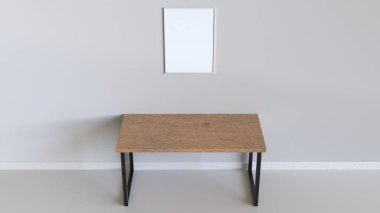 Boş beyaz dikey poster tablosunun yukarısındaki duvara asılı çerçeve içinde. Resim ya da fotoğraf mockup iç. 3D render illüstrasyon