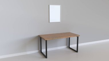 Boş beyaz dikey poster tablosunun yukarısındaki duvara asılı çerçeve içinde. Resim ya da fotoğraf mockup iç. 3D render illüstrasyon