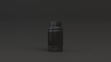 Gerçekçi boş siyah plastik şişe siyah arka plan üzerine hapları için. Tıbbi ambalaj. Uyuşturucu şişe mockup. 3D render illüstrasyon