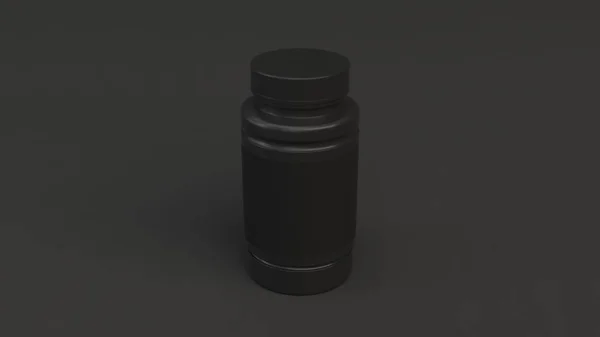 现实的空白黑色塑料瓶的药丸上的黑色背景 医疗容器 药瓶模型 渲染插图 — 图库照片