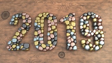 ahşap arka plan üzerinde renkli balonları yapılan 2019 numarası. 2019 yeni yıl işareti. 3D render illüstrasyon