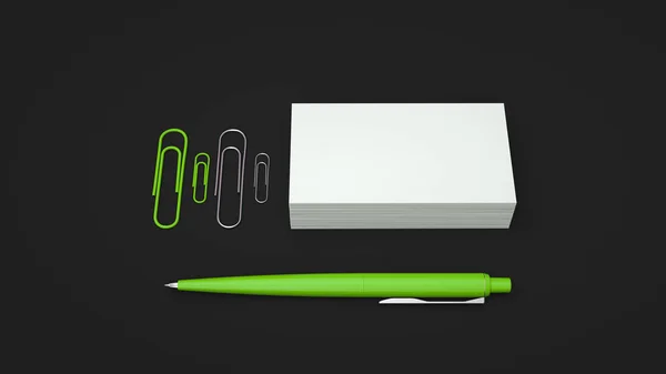 白色名片 纸夹和绿色自动圆珠笔隔离在黑色背景上 空白纸张模型 渲染插图 — 图库照片