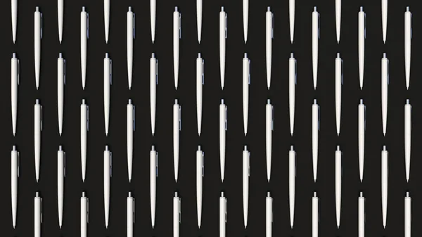 Pattern from white automatic ballpoint pens on black background. Abstract stationery background. 3D rendering illustration.