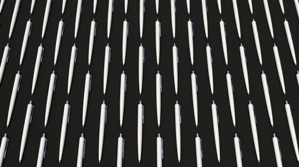 Pattern from white automatic ballpoint pens on black background. Abstract stationery background. 3D rendering illustration.