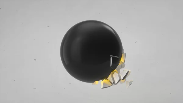 Фрагментована Чорна Сфера Жовтим Світінням Всередині Падаючими Шматочками Білому Тлі — стокове фото