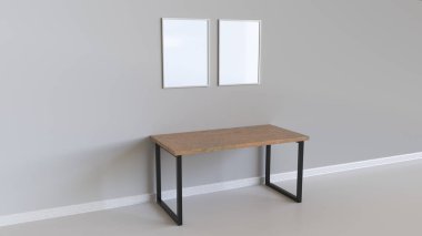 İki boş beyaz dikey poster tablosunun yukarısındaki duvara asılı çerçeve içinde. Resim ya da fotoğraf mockup iç. 3D render illüstrasyon