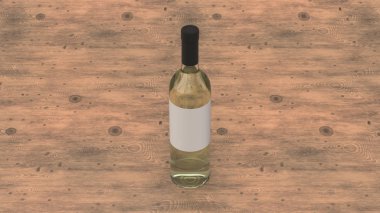 Mockup ile boş etiket ayakta ahşap arka plan üzerinde beyaz şarap için. Tasarım veya marka şablonu. 3D render illüstrasyon