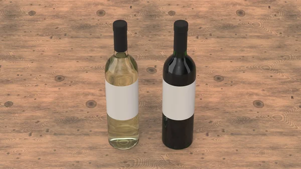 Mockup För Två Flaskor Rött Och Vitt Vin Med Tomma — Stockfoto